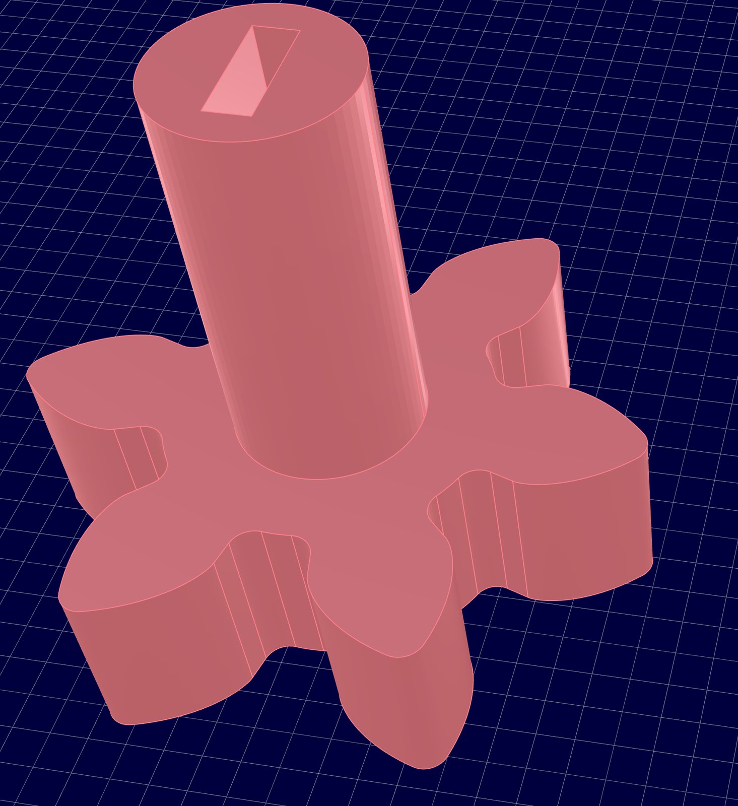 CAD 3D model of a star-shaped knob with a round shaft