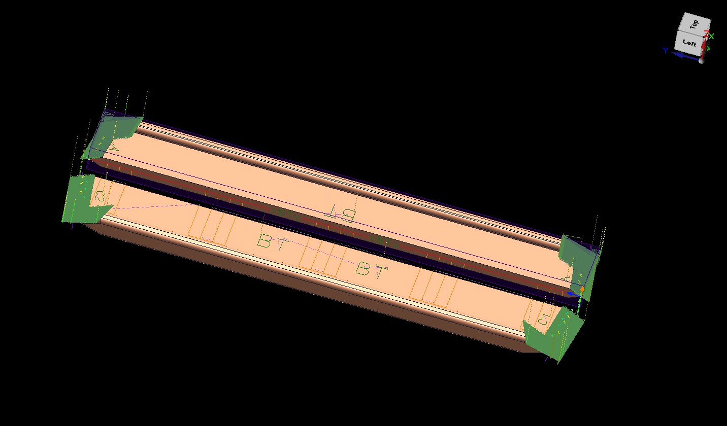 3D toolpaths programmed on a long wooden strut with angled end cuts, shown in CAM software